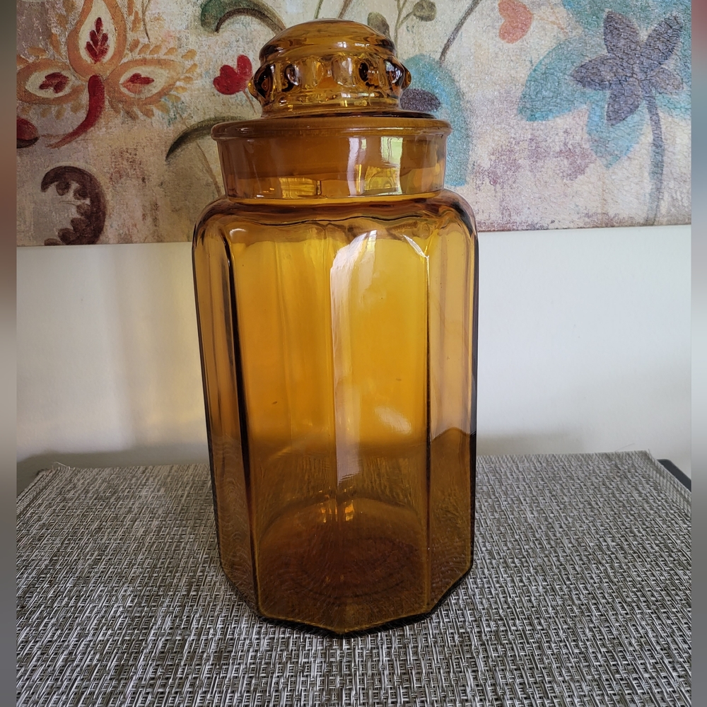 Vtg MCM 60's LE Smith Glass 10 Panel Golden Amber Apothecary Canister 11"×6"